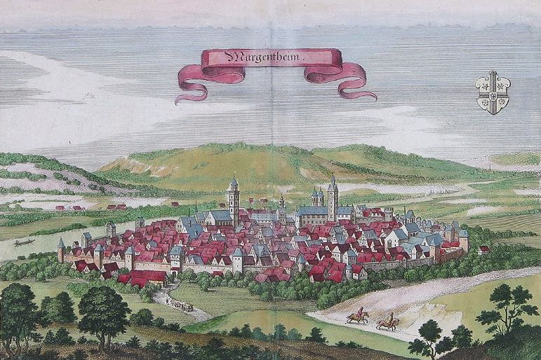 Farbige Grafik mit Darstellung der Stadt Mergentheim samt Schloss und Kirchen, umgeben von einer Stadtmauer